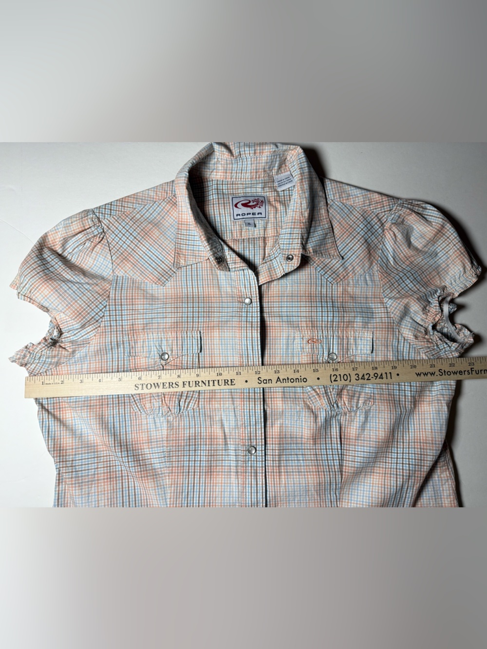 Roper XL Western Plaid Snap Button Shirt Peach Blue Puff Sleeve 100% cotton top - Picture 4 of 9